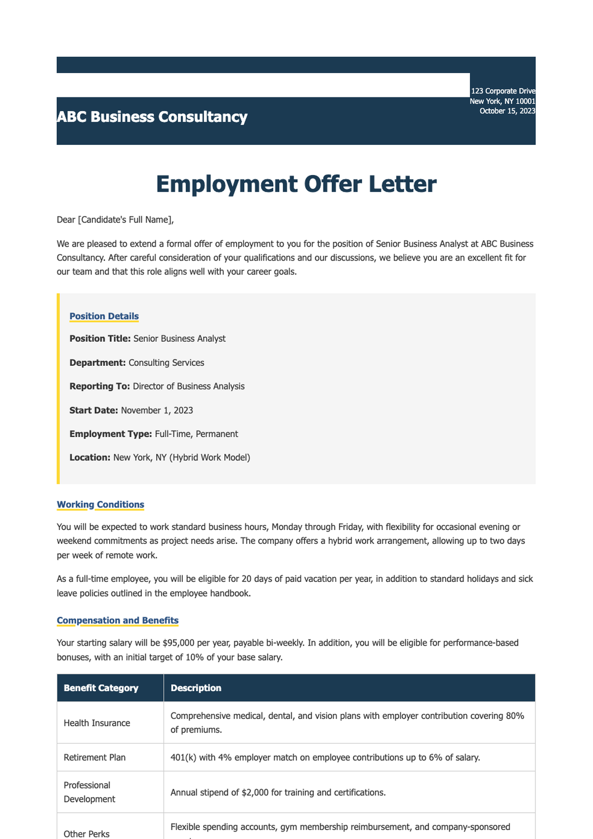 Professional employment offer letter with yellow accents and company branding_variant_1